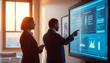 Lawyers collaborating in a high-rise office looking at digital charts