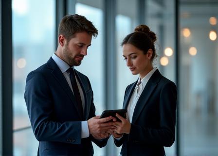 Professional legal team analyzing case law data on a transparent screen